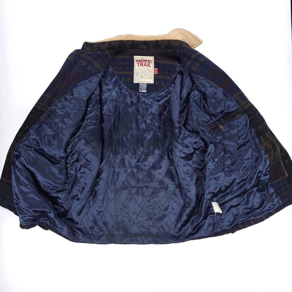 VINTAGE 90s Pacific Trail Wool Chore Jacket Leather Barn Coat Southwest Aztec - Picture 7 of 12